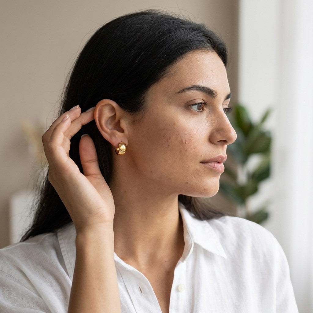 Aramat Jewels gold-tone stainless steel hoop earrings with Greek motif, 13mm diameter.