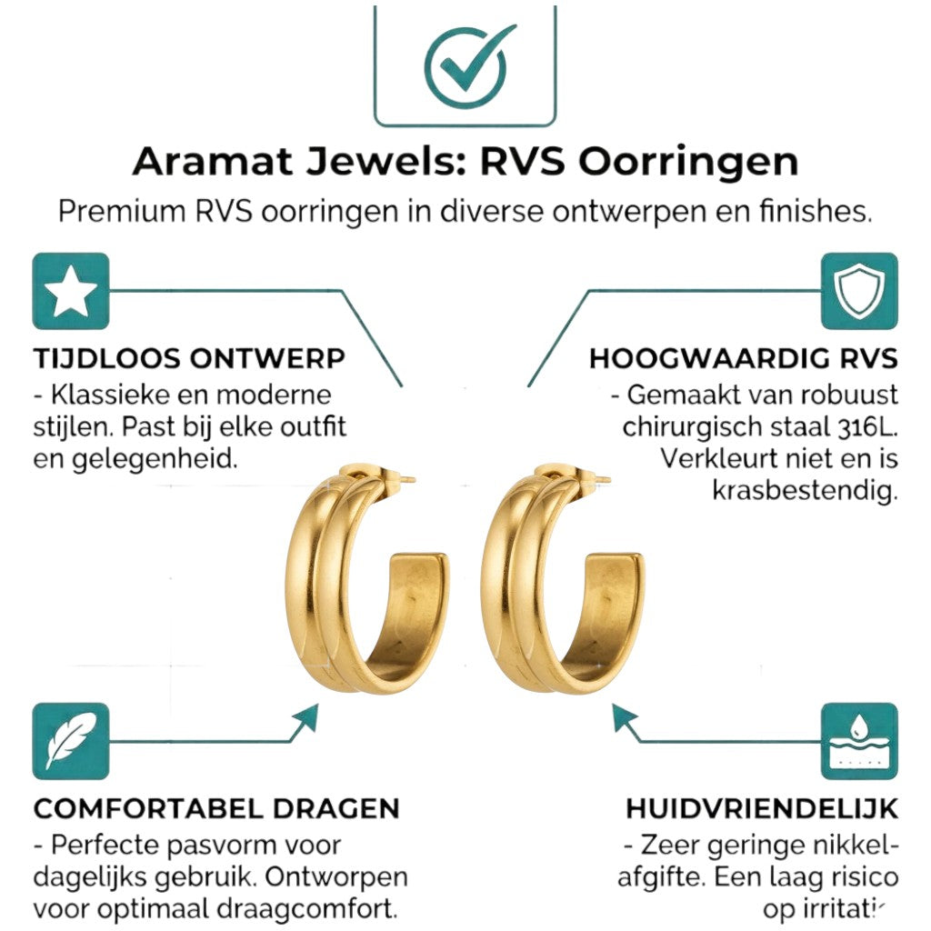Aramat Jewels gold-tone stainless steel half-hoop earrings with double stripe detail, 23mm diameter.