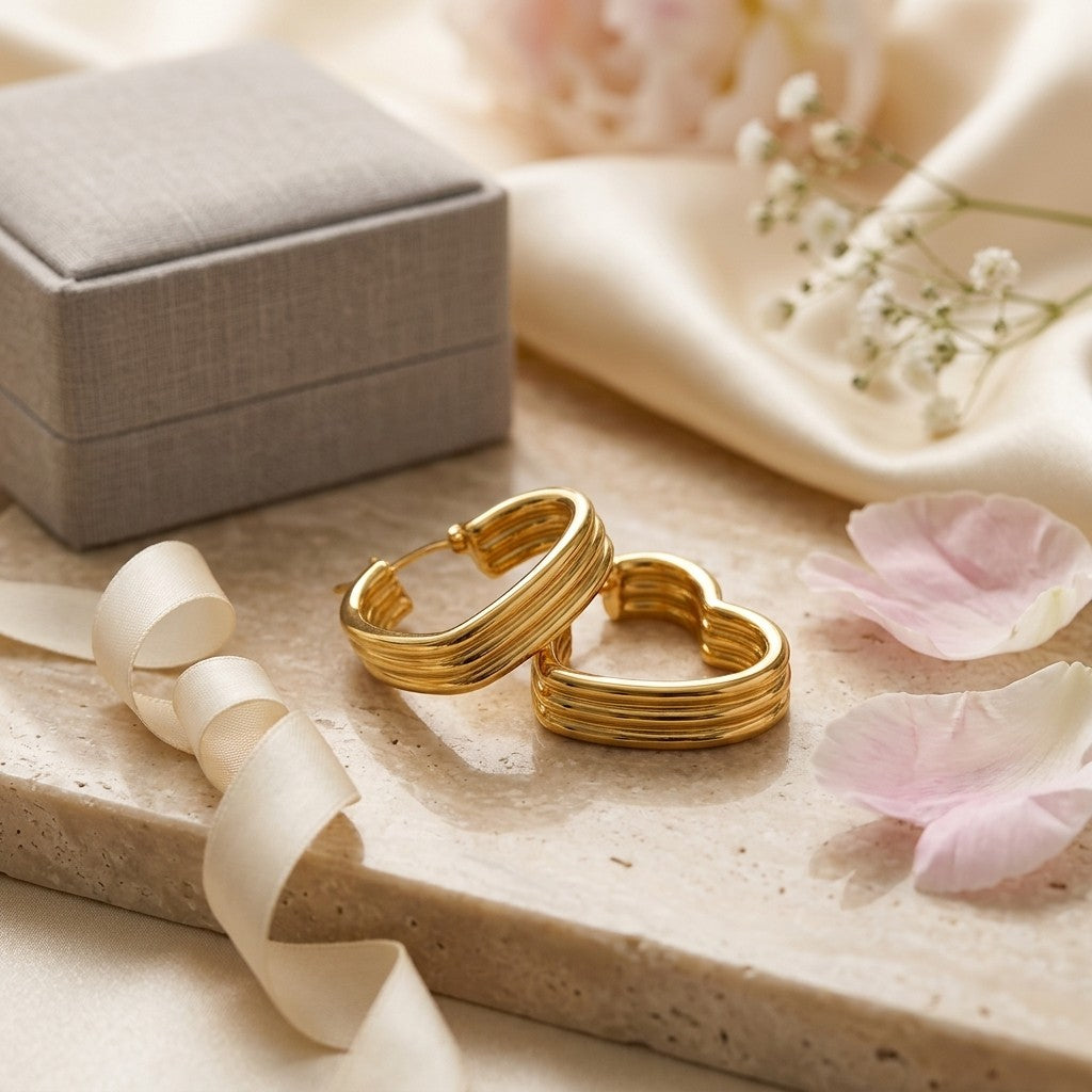 Aramat Jewels gold-tone triple heart hoop earrings with a ribbed texture, presented on a stone surface with a gift box and ribbon.