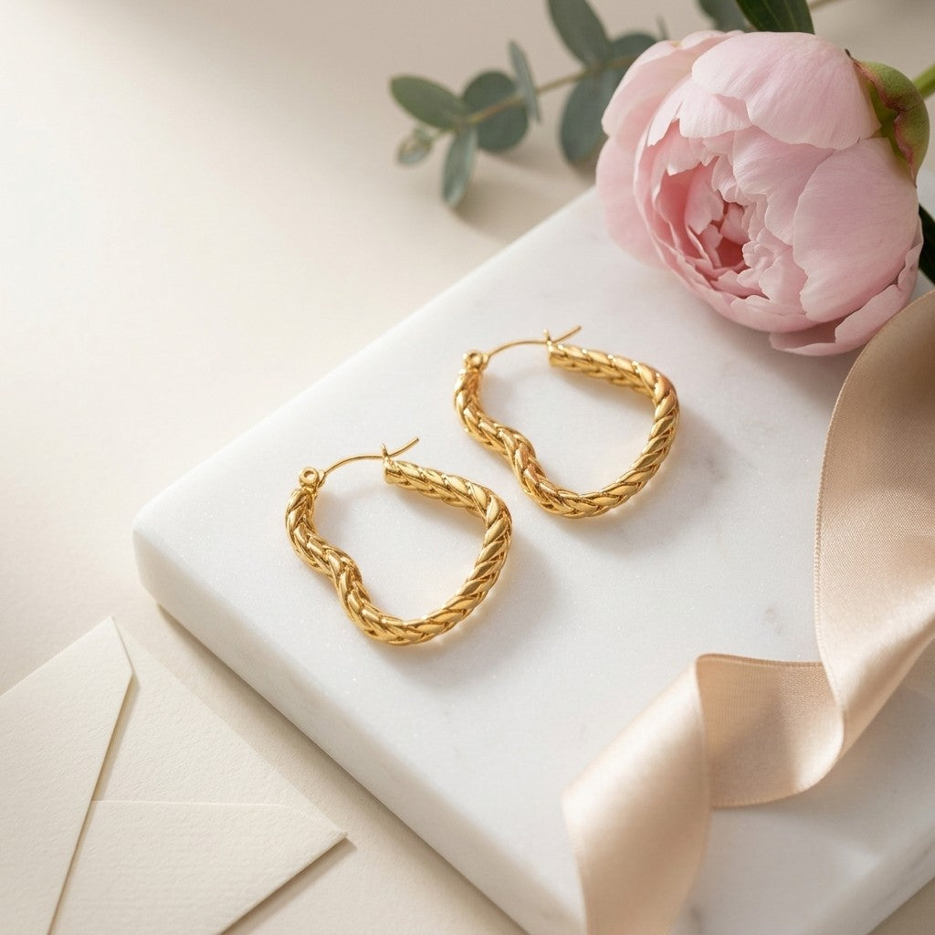 Aramat Jewels gold heart-shaped hoop earrings with gourmet chain detail, 25mm diameter, on a marble surface with a pink peony and ribbon.