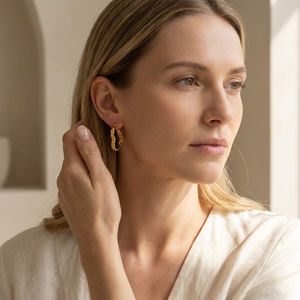Aramat Jewels gold-colored heart-shaped hoop earrings with a gourmet link pattern, 25mm diameter, worn by a blonde woman.