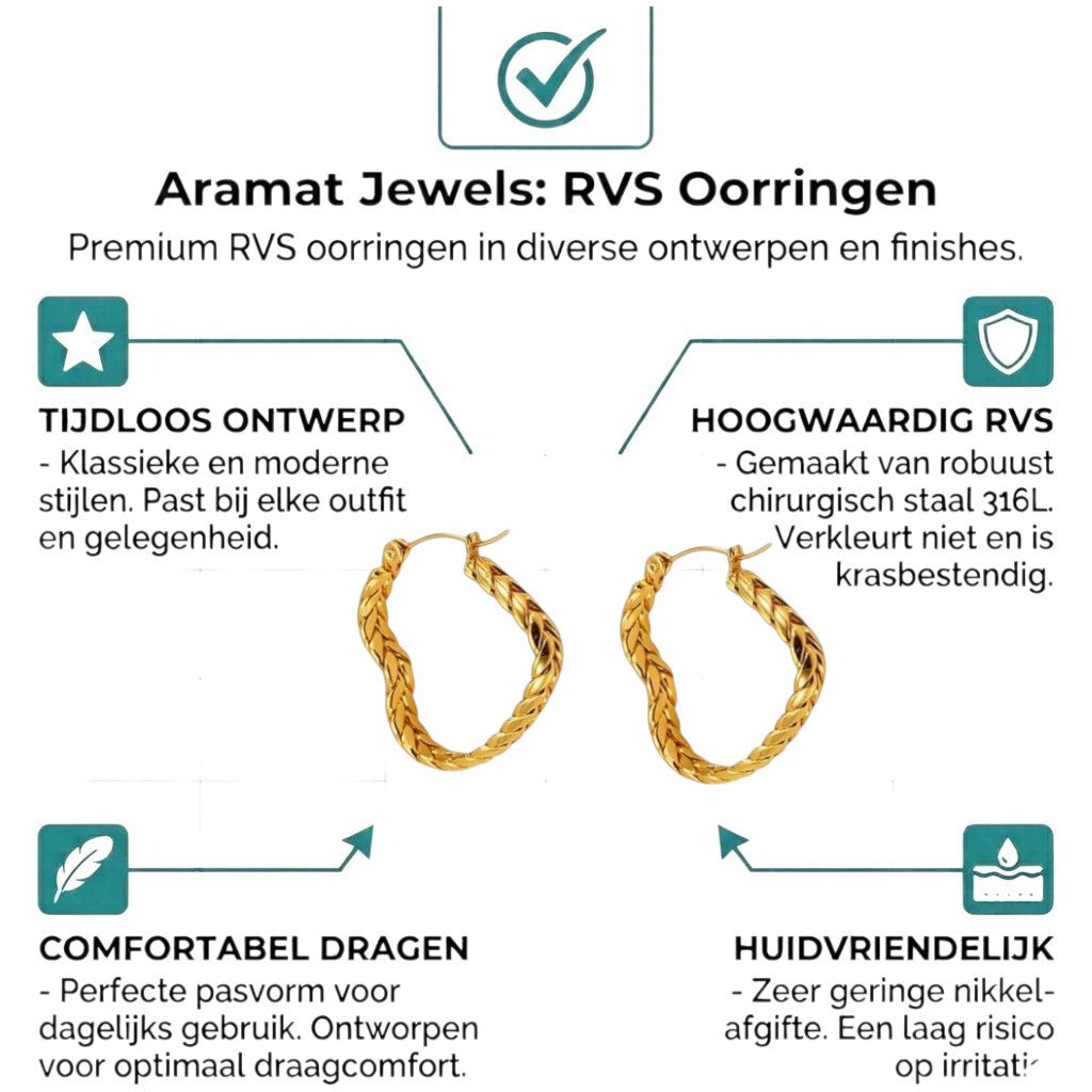 Aramat Jewels gold-coloured heart-shaped hoop earrings with a gourmet link pattern, 25mm.
