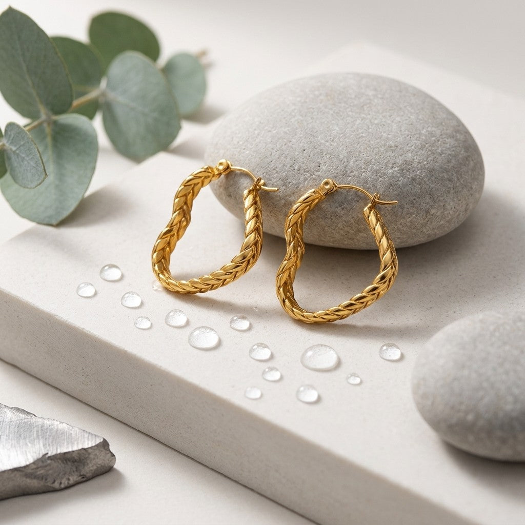 Aramat Jewels gold heart-shaped hoop earrings with a braided texture, 25mm diameter, on a light grey surface with water droplets.
