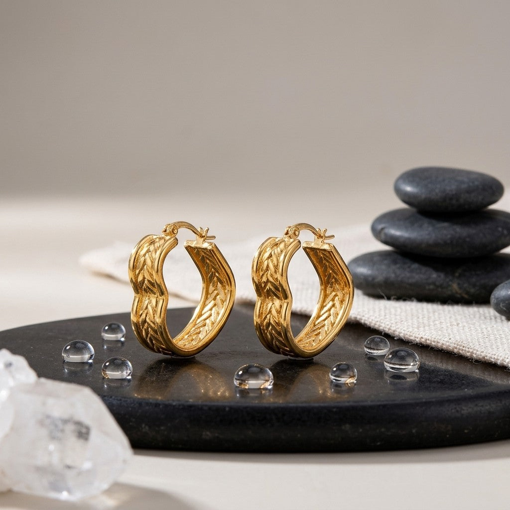 Aramat Jewels gold-tone stainless steel heart hoop earrings with a textured chain link design, 25x22mm.