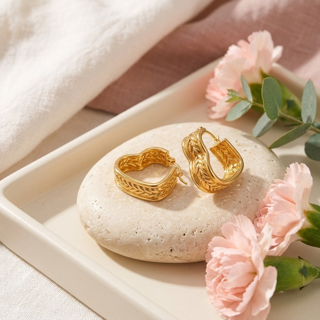 Aramat Jewels gold-tone stainless steel heart-shaped hoop earrings with a braided chain motif, 25x22mm.