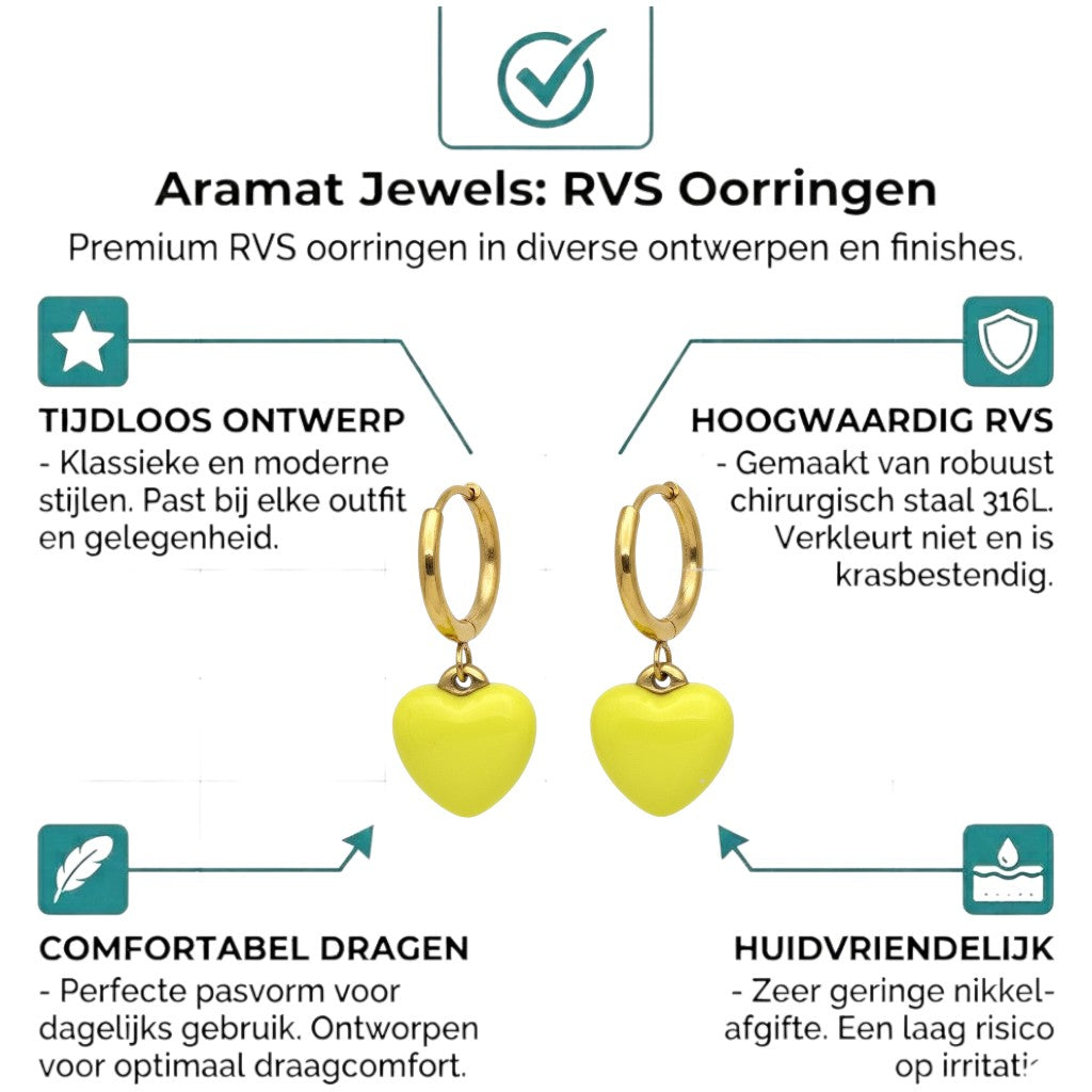 Aramat Jewels gold-colored stainless steel huggie hoop earrings with a yellow enamel heart charm.