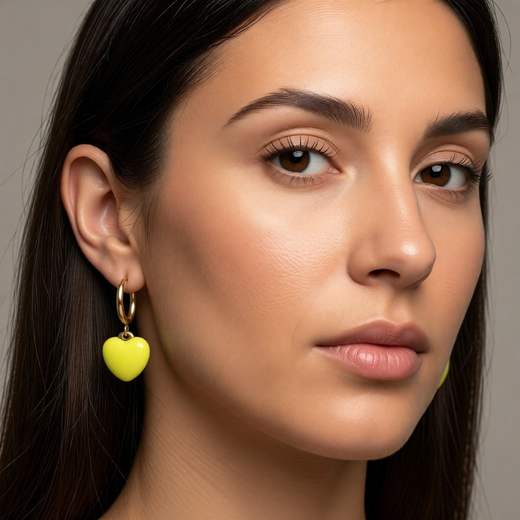 Aramat Jewels gold-coloured huggie hoop earrings with a yellow enamel heart charm.