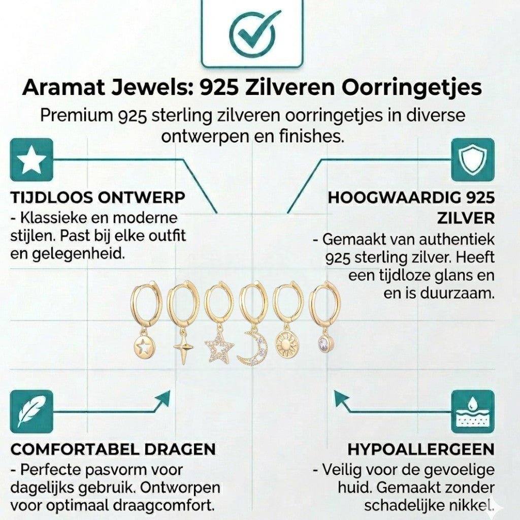 Aramat Jewels set of 6 gold-plated sterling silver hoop earrings with charms: star, cross, star with crystals, moon with crystals, sun, and crystal.