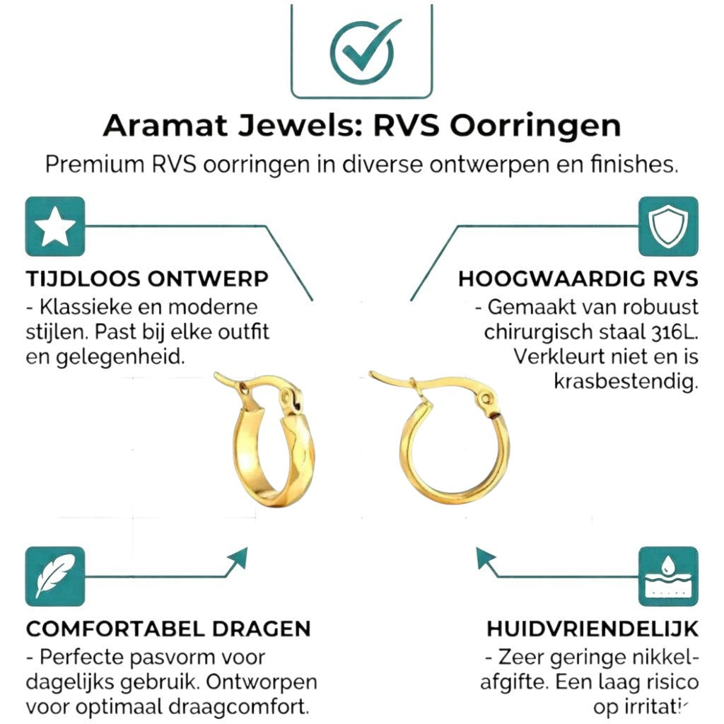 Aramat Jewels small gold-colored stainless steel hoop earrings with flattened facets, 10mm diameter.