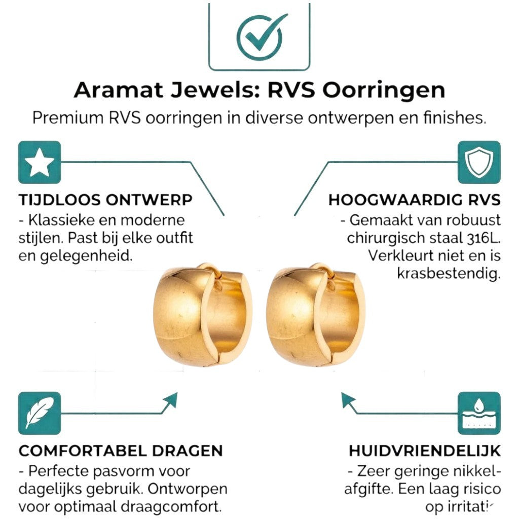 Aramat Jewels gold-colored stainless steel smooth hoop earrings, 13x7mm, with a polished finish.