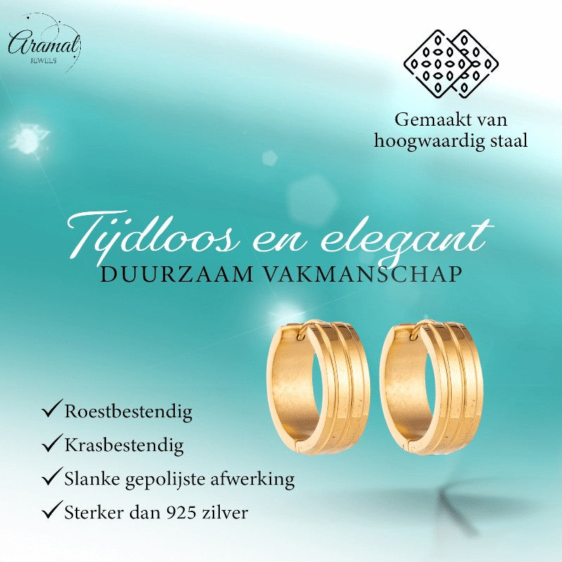 Aramat Jewels gold-colored stainless steel hoop earrings with two raised stripes, 20mm diameter, 7mm width.