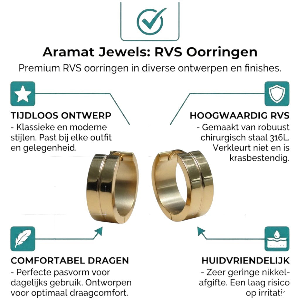 Aramat Jewels gold stainless steel hoop earrings with a subtle line detail, 20mm diameter and 7mm width.