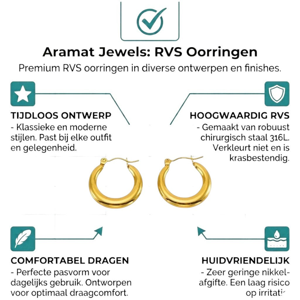 Aramat Jewels gold-colored stainless steel hoop earrings, 20mm diameter and 4mm wide, with a smooth, polished finish.