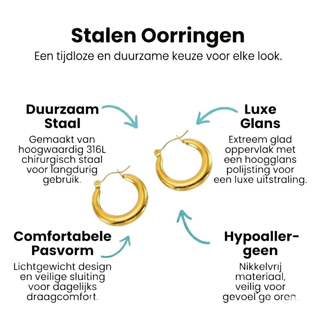 Aramat Jewels gold-colored stainless steel hoop earrings, 20x4mm, smooth and wide design, perfect for everyday wear or ear parties.