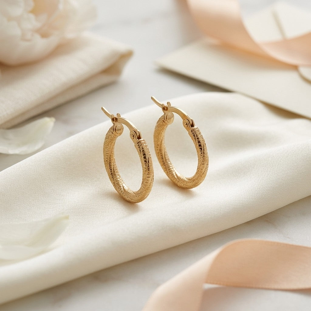 Aramat Jewels gold-tone twisted, diamond-cut stainless steel hoop earrings, 20mm diameter, with hinge closure.