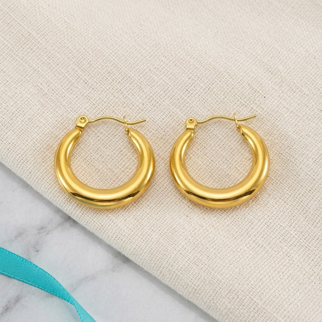 Aramat Jewels gold-colored stainless steel hoop earrings, 20x4mm, smooth and wide design, perfect for everyday wear or an ear party.