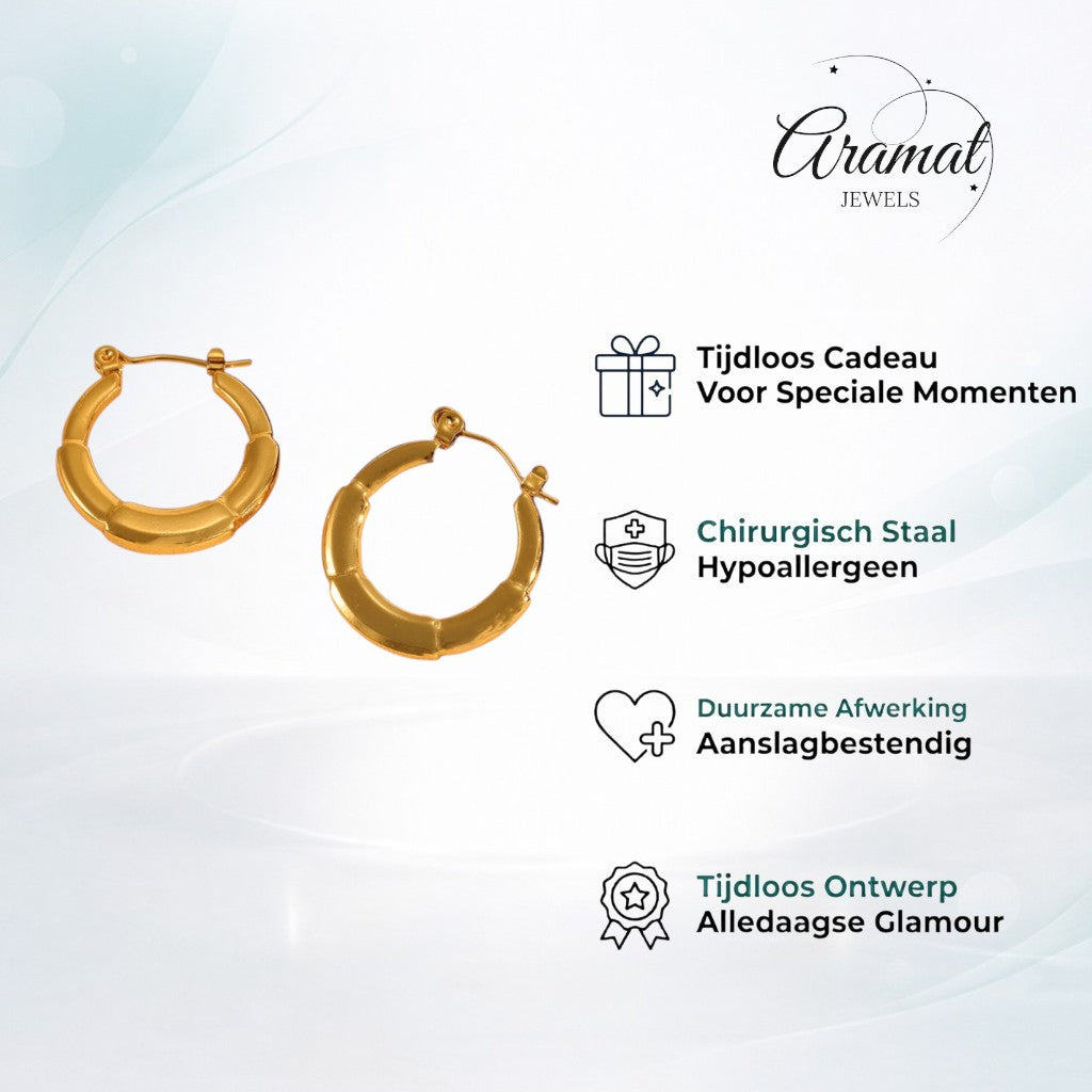 Aramat Jewels small gold-tone stainless steel hoop earrings with segmented design and hinge closure.