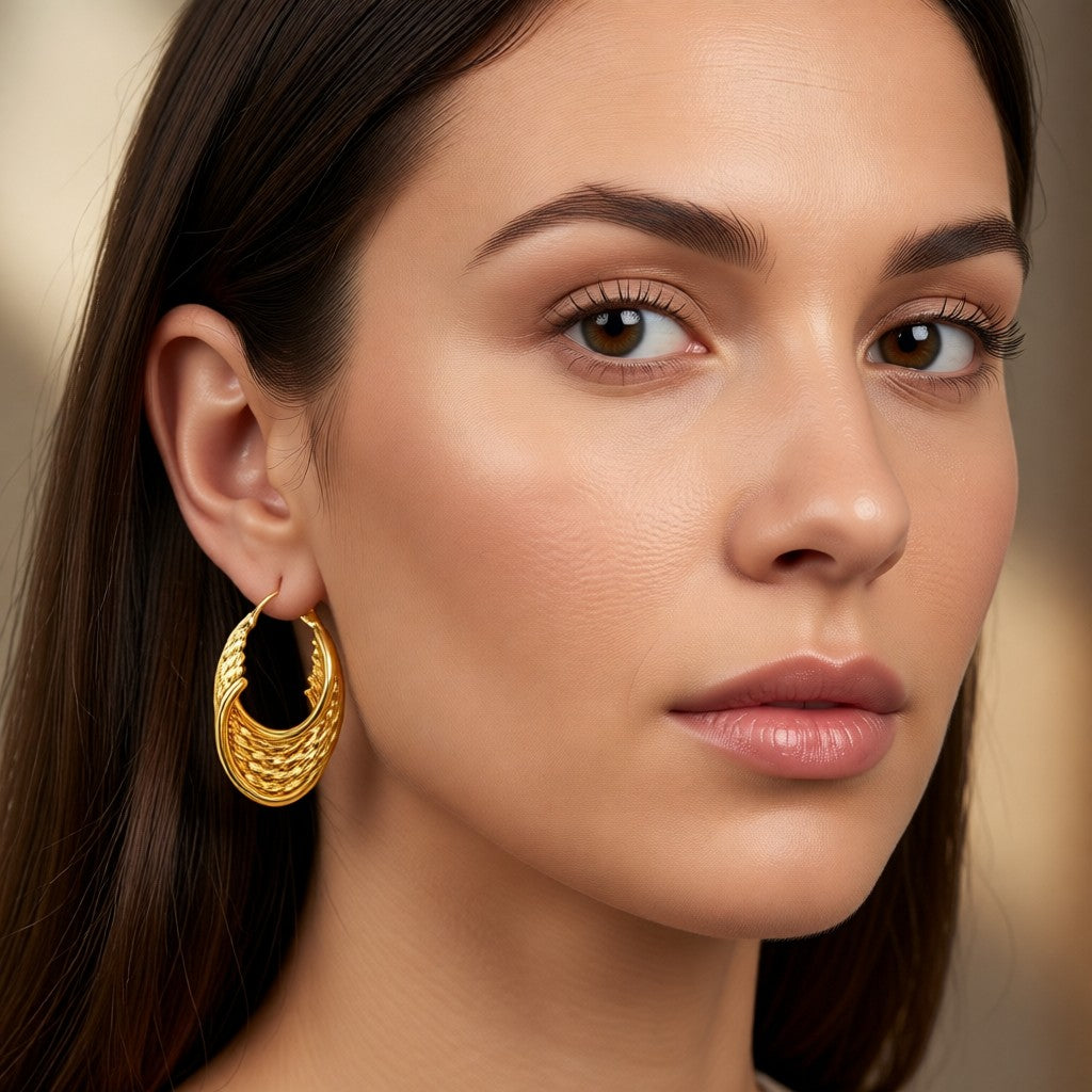 Aramat Jewels gold-tone stainless steel hoop earrings with a layered, woven design, 35mm.