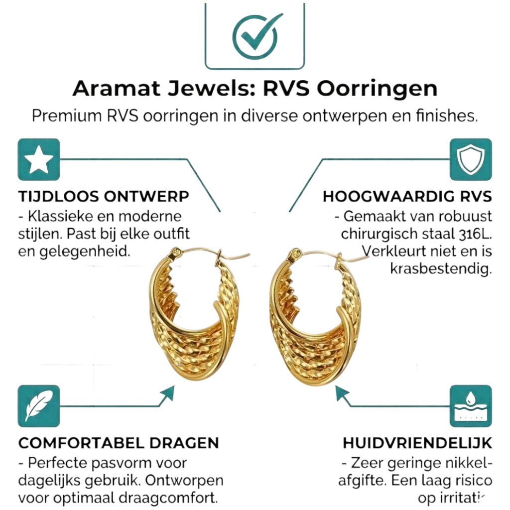Aramat Jewels gold-colored stainless steel 6-in-1 hoop earrings, 30x25 mm, with textured and smooth finishes.