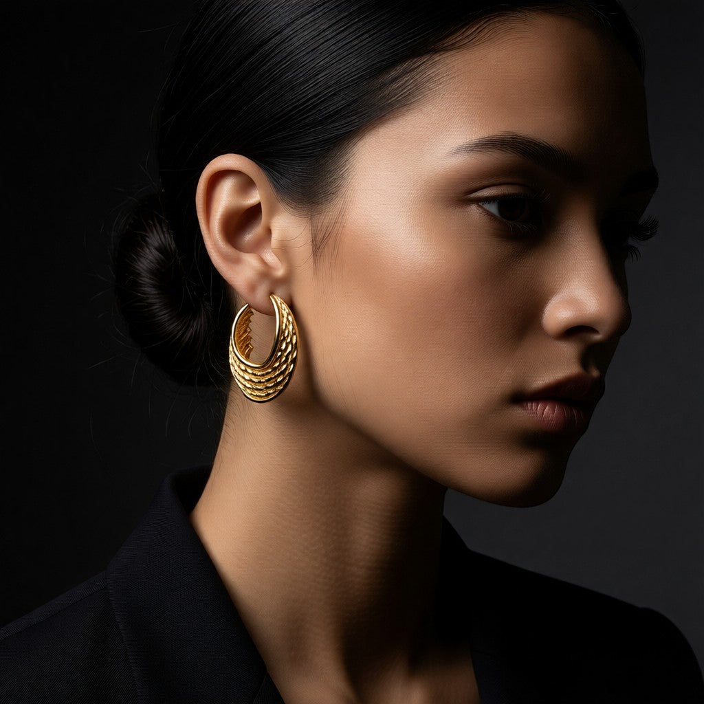 Aramat Jewels gold-tone stainless steel 6-in-1 hoop earrings, 30x25mm, featuring layered textured and smooth hoops.
