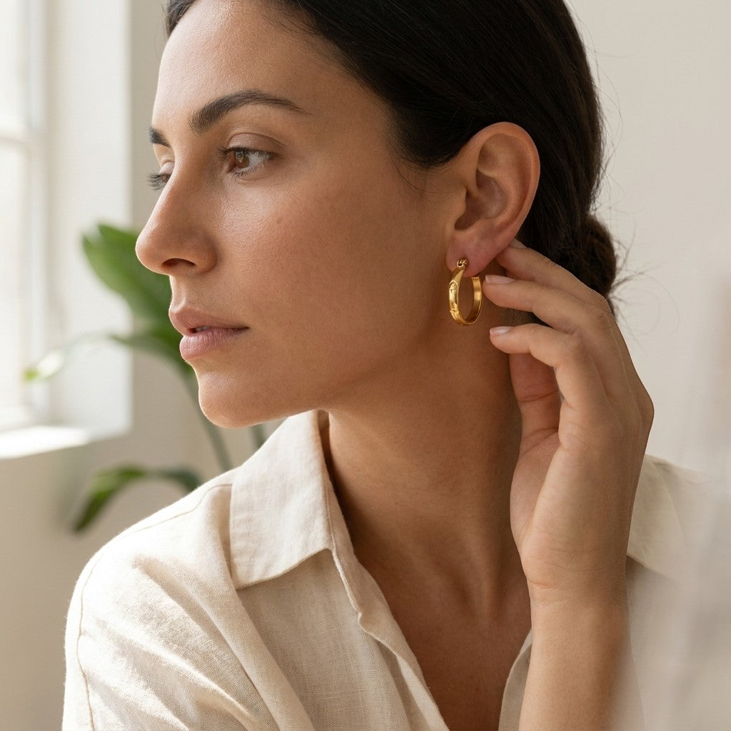 Aramat Jewels gold-tone stainless steel hoop earrings with anchor and star motif, 20mm diameter, worn by a woman.