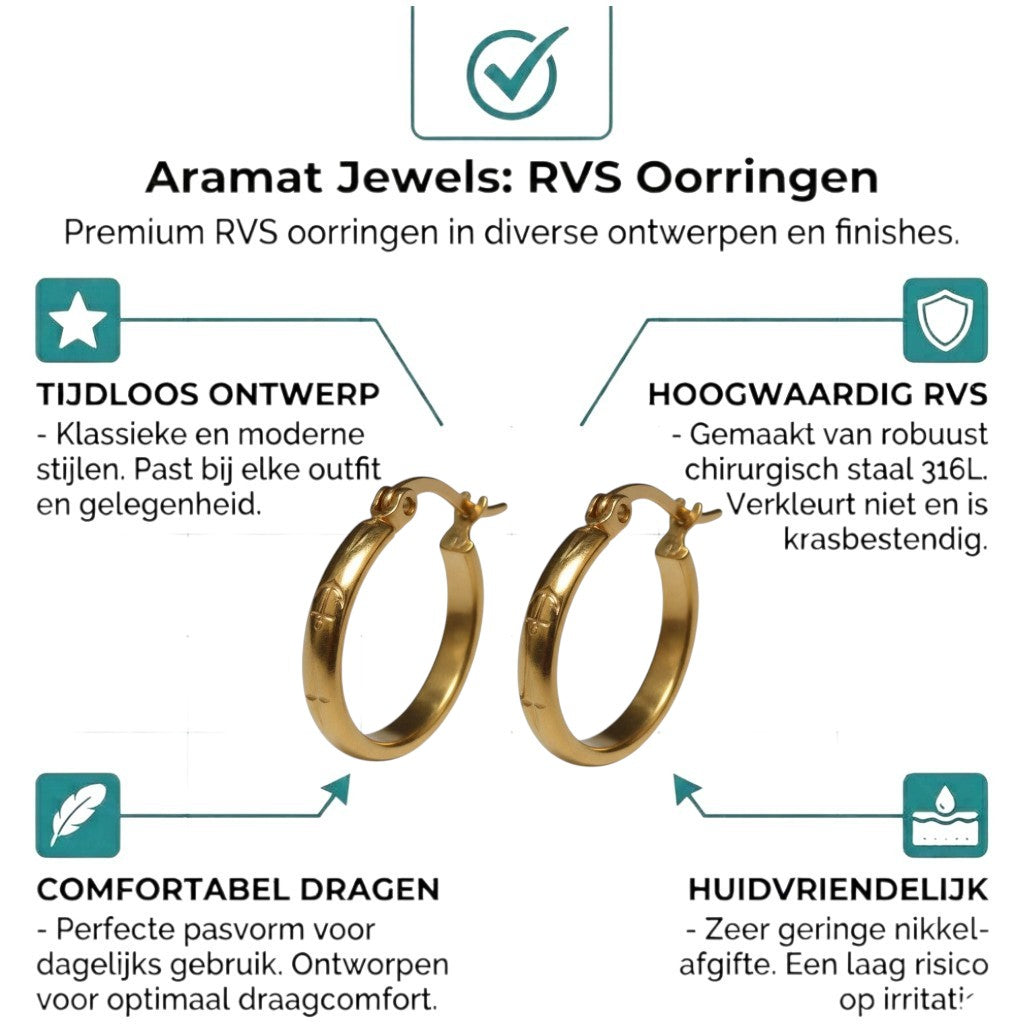Aramat Jewels gold-tone stainless steel hoop earrings, 20mm, with engraved anchor and star motifs.
