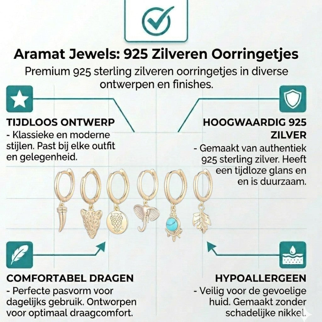 Aramat Jewels gold-plated 925 silver hoop earrings set with animal charms: elephant, leopard, leaf, tusk, and a blue stone.