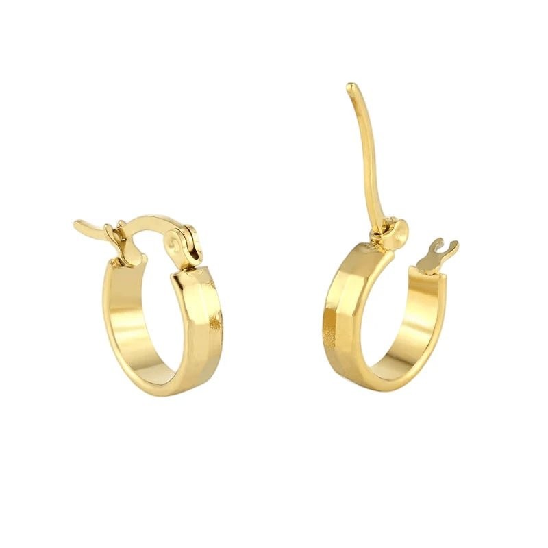 Aramat Jewels small gold-tone stainless steel hoop earrings with a faceted block design, 10mm diameter.