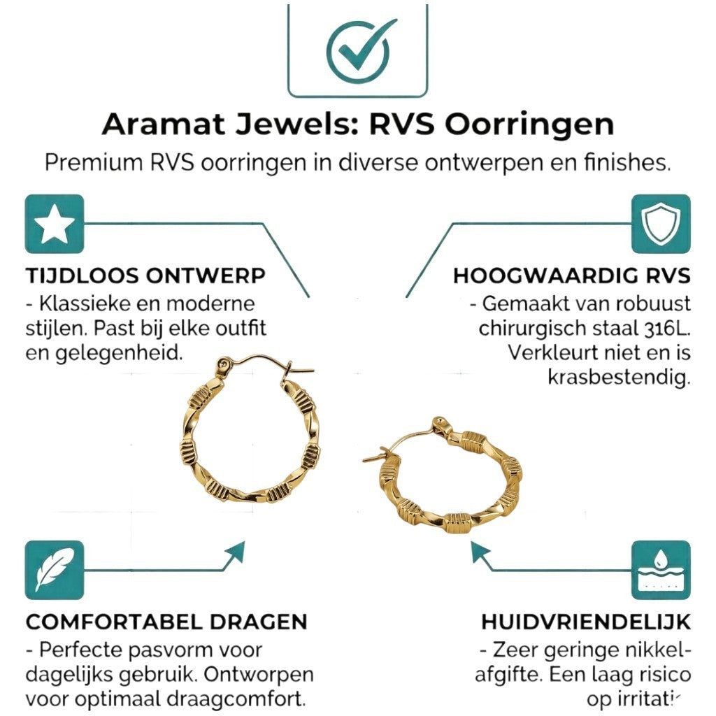 Aramat Jewels gold-coloured stainless steel hoop earrings with a twisted design and block details, 25x23mm.