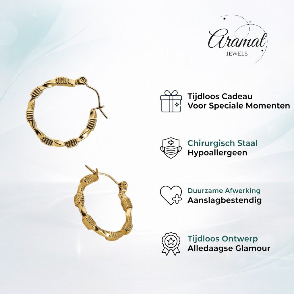 Aramat Jewels gold-coloured stainless steel hoop earrings with a twisted design and block pattern, 25x23mm.