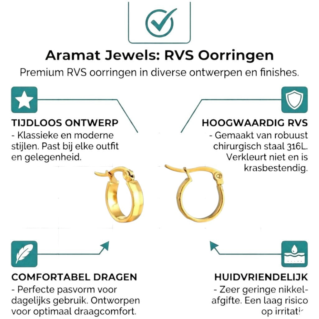 Aramat Jewels gold-tone stainless steel small hoop earrings with a subtle block pattern, 10mm diameter.