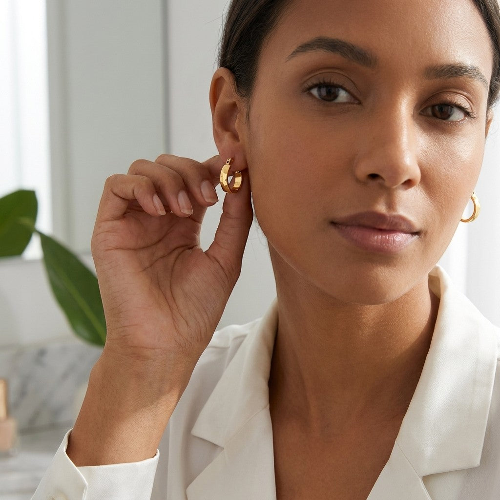 Aramat Jewels gold-tone stainless steel hoop earrings with a subtle block pattern, 10mm diameter.