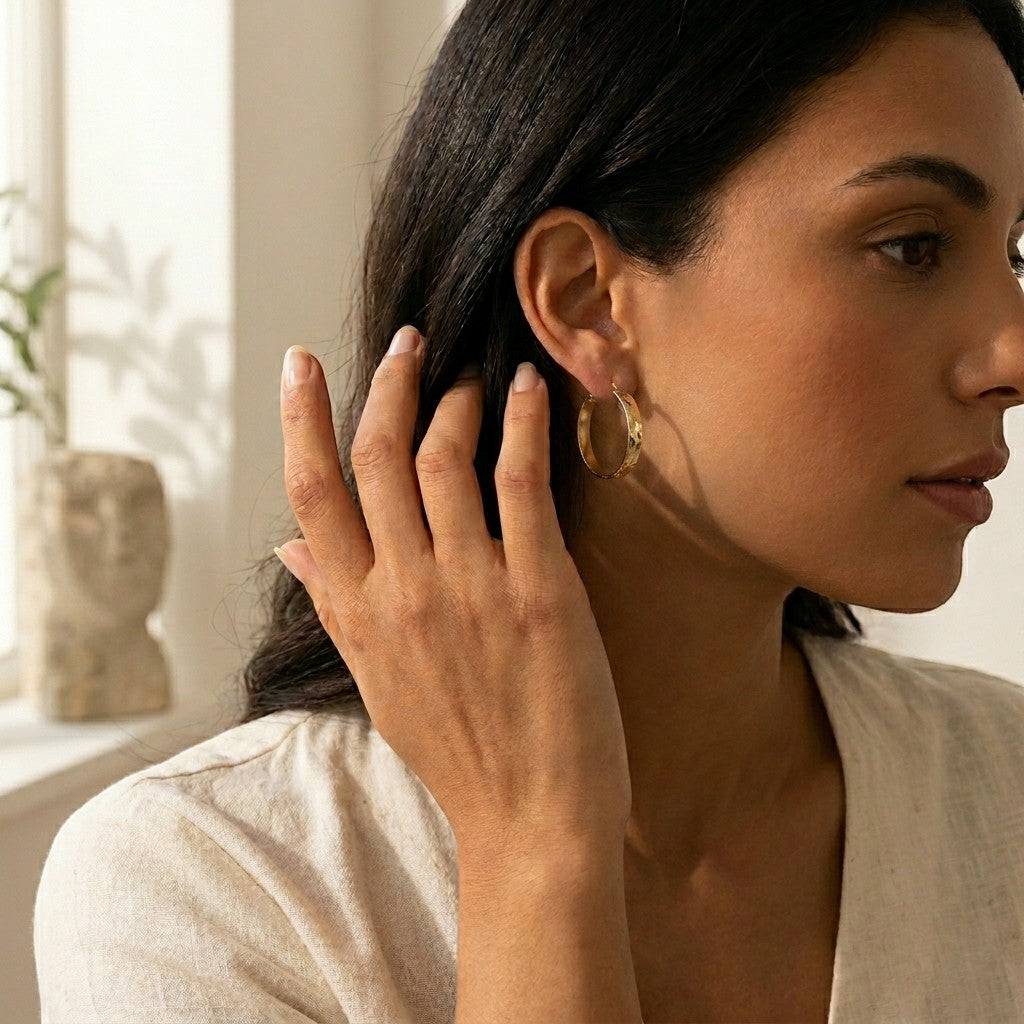 Aramat Jewels gold-tone stainless steel hoop earrings with a checkered pattern, 35mm diameter, worn by a woman.
