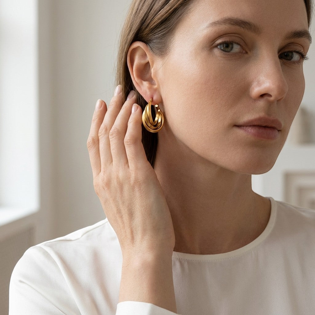 Aramat Jewels triple gold-colored hoop earrings with a crossed design, 25x7mm, worn by a woman.