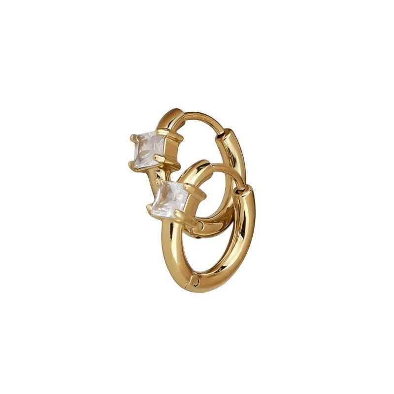 Aramat Jewels gold hoop earrings with two square clear cubic zirconia stones. Modern, elegant design.