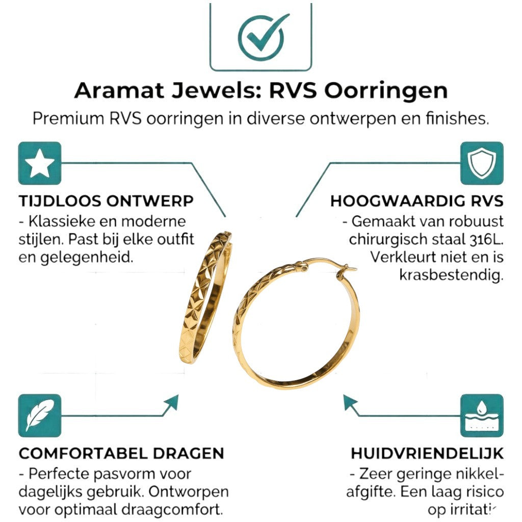 Aramat Jewels gold-tone stainless steel hoop earrings with a diamond-cut pattern, 35mm diameter.