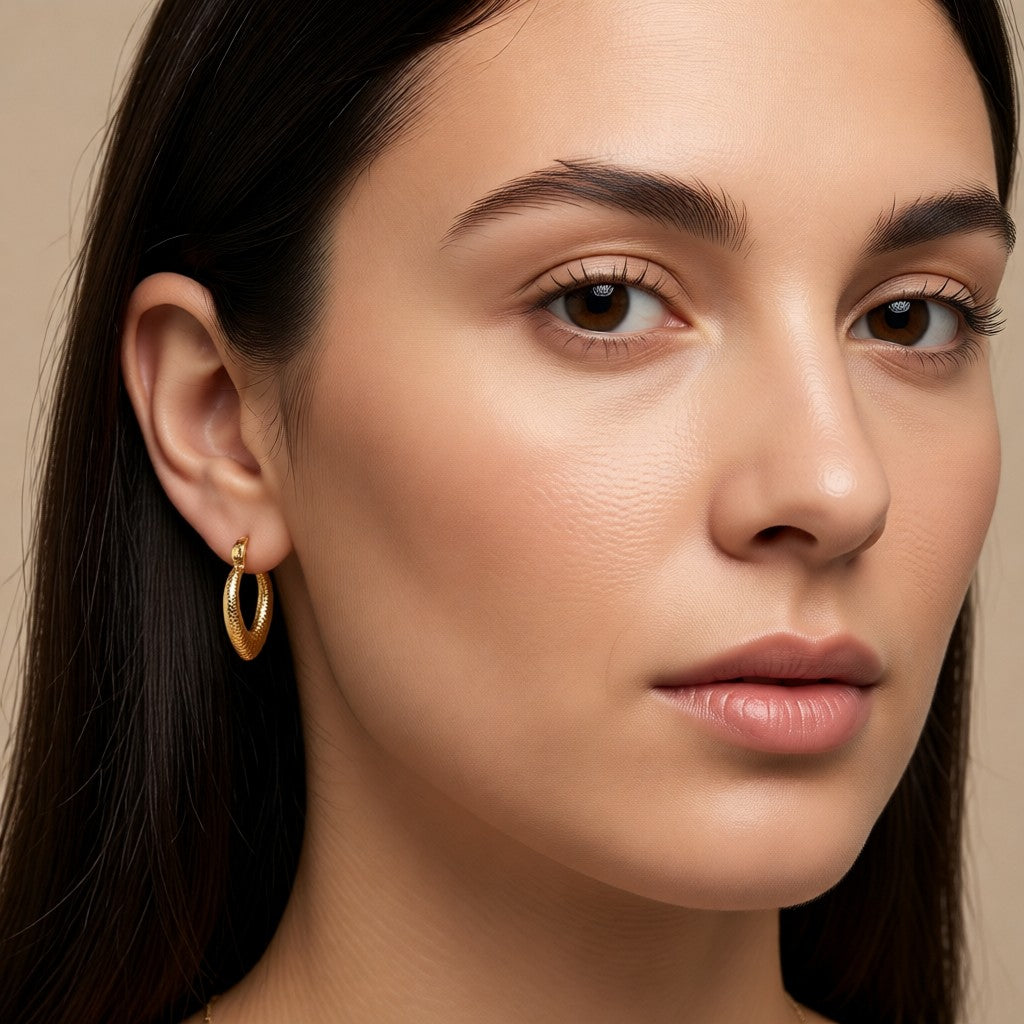Aramat Jewels gold-colored stainless steel hoop earrings with a diamond pattern, 20x20mm, worn by a model.
