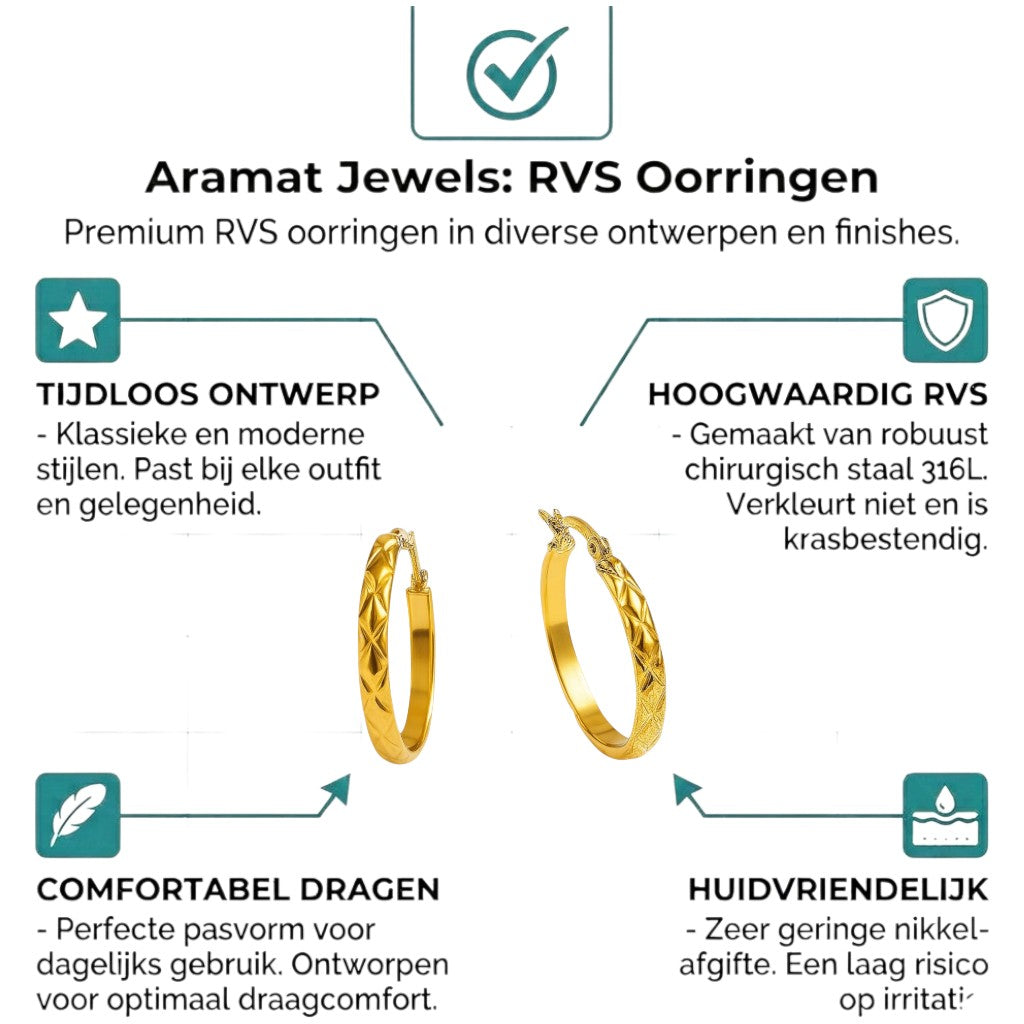 Aramat Jewels gold stainless steel hoop earrings with a diamond pattern, 30mm diameter.