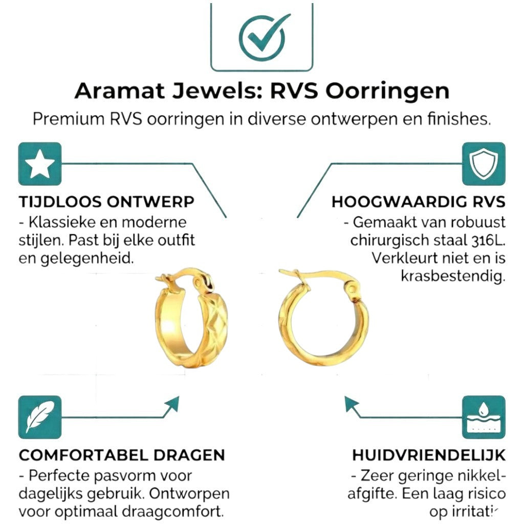 Aramat Jewels gold-colored stainless steel hoop earrings with a diamond pattern, 10mm diameter.