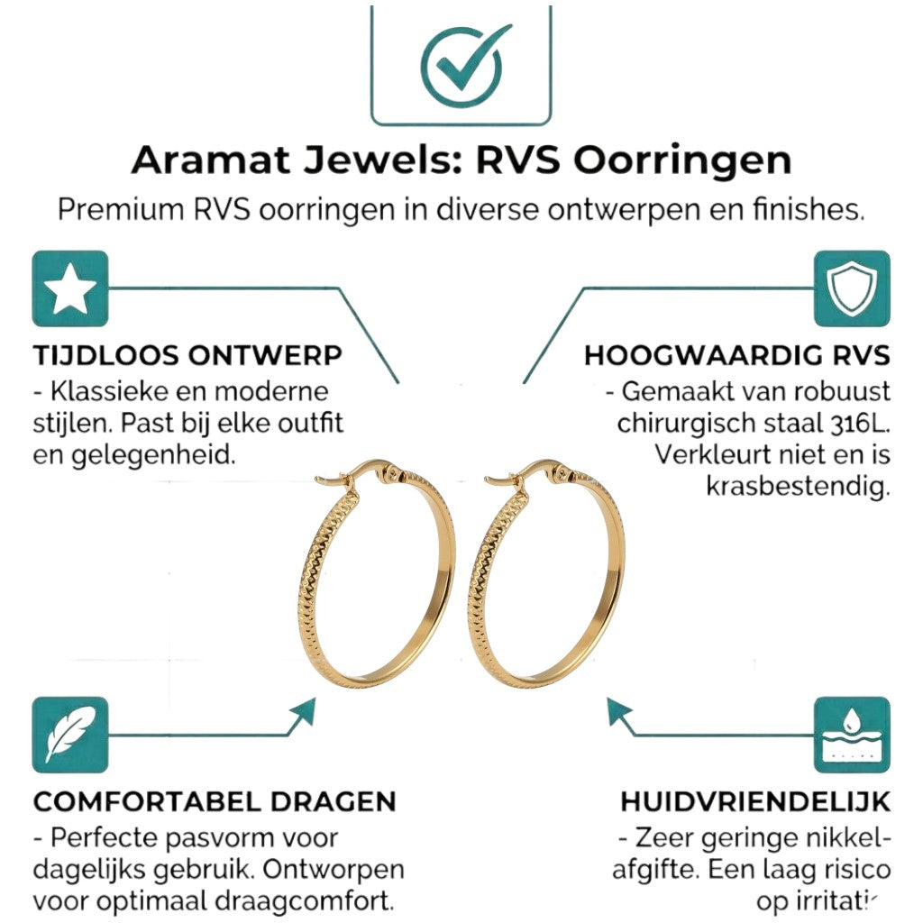 Aramat Jewels gold stainless steel hoop earrings with a textured dot pattern, 25mm diameter.