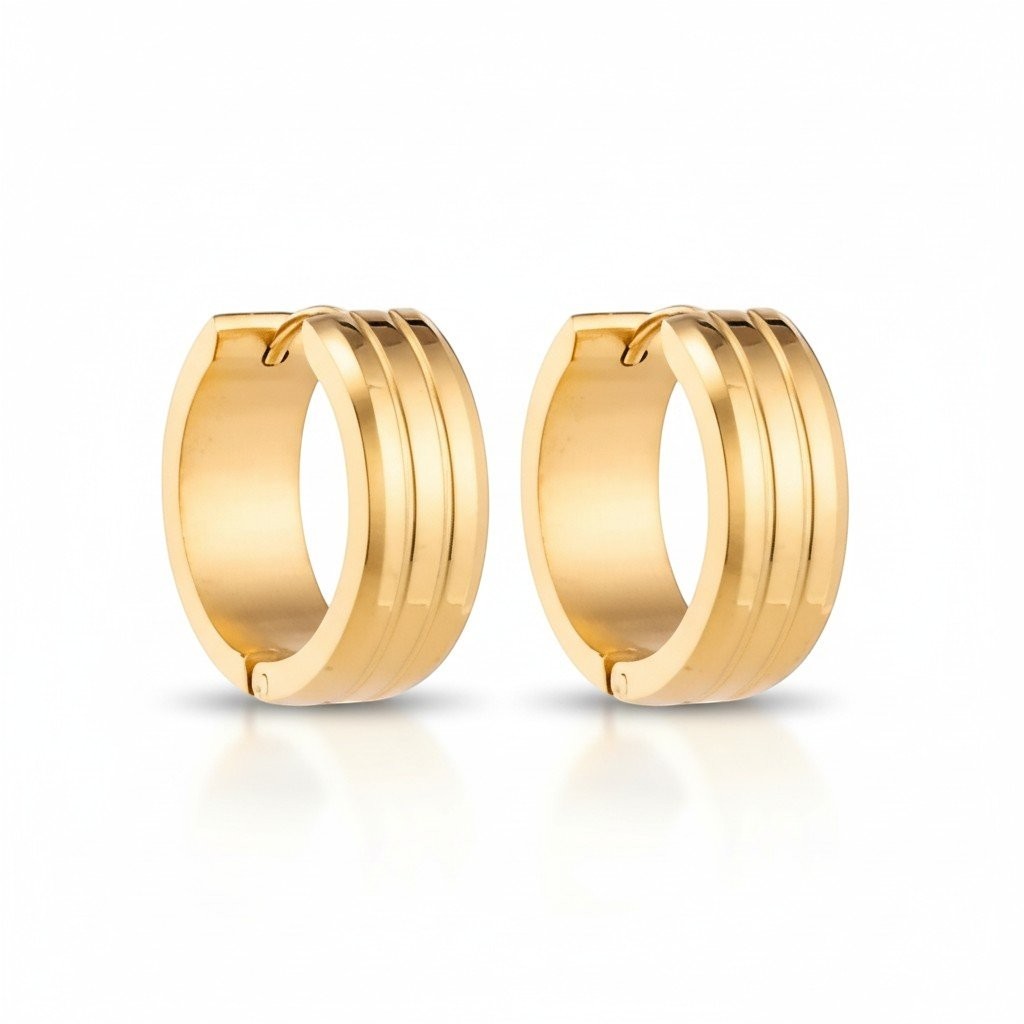 Aramat Jewels gold-tone stainless steel hoop earrings with double stripe detail, 13mm or 20mm diameter.
