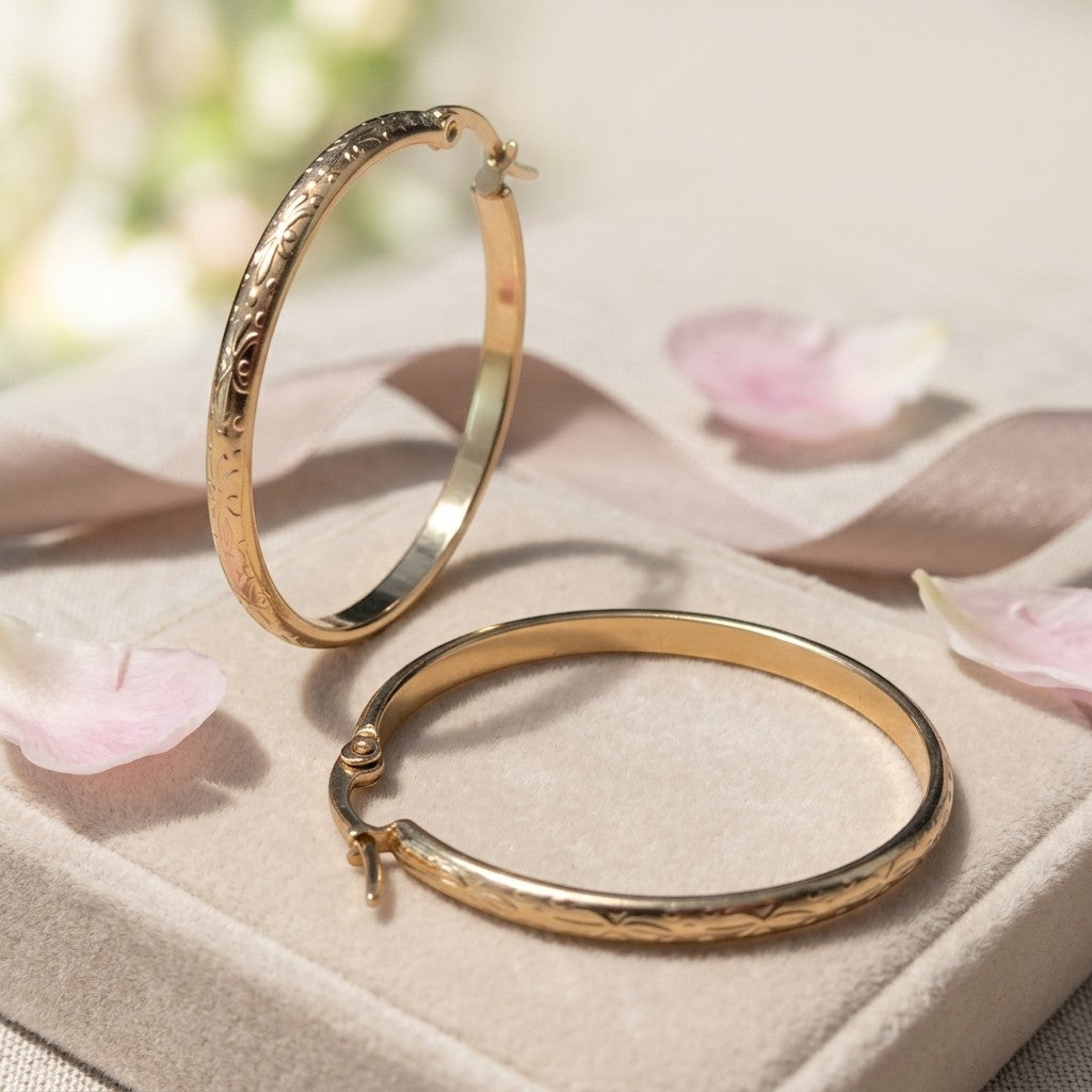 Aramat Jewels gold stainless steel hoop earrings with floral motif, 40mm diameter, featuring a hinge clasp.