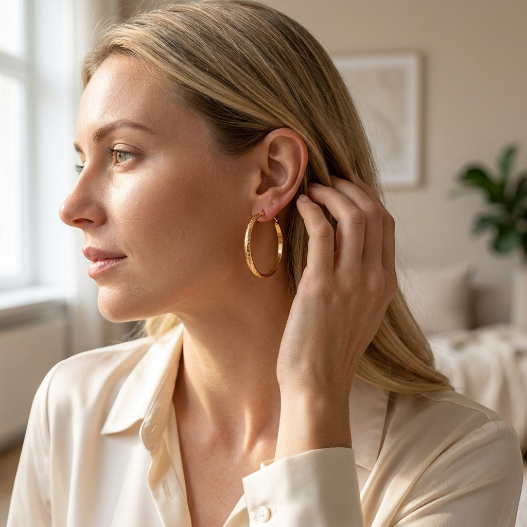 Aramat Jewels gold stainless steel hoop earrings with floral pattern, 40mm diameter, worn by a blonde woman.