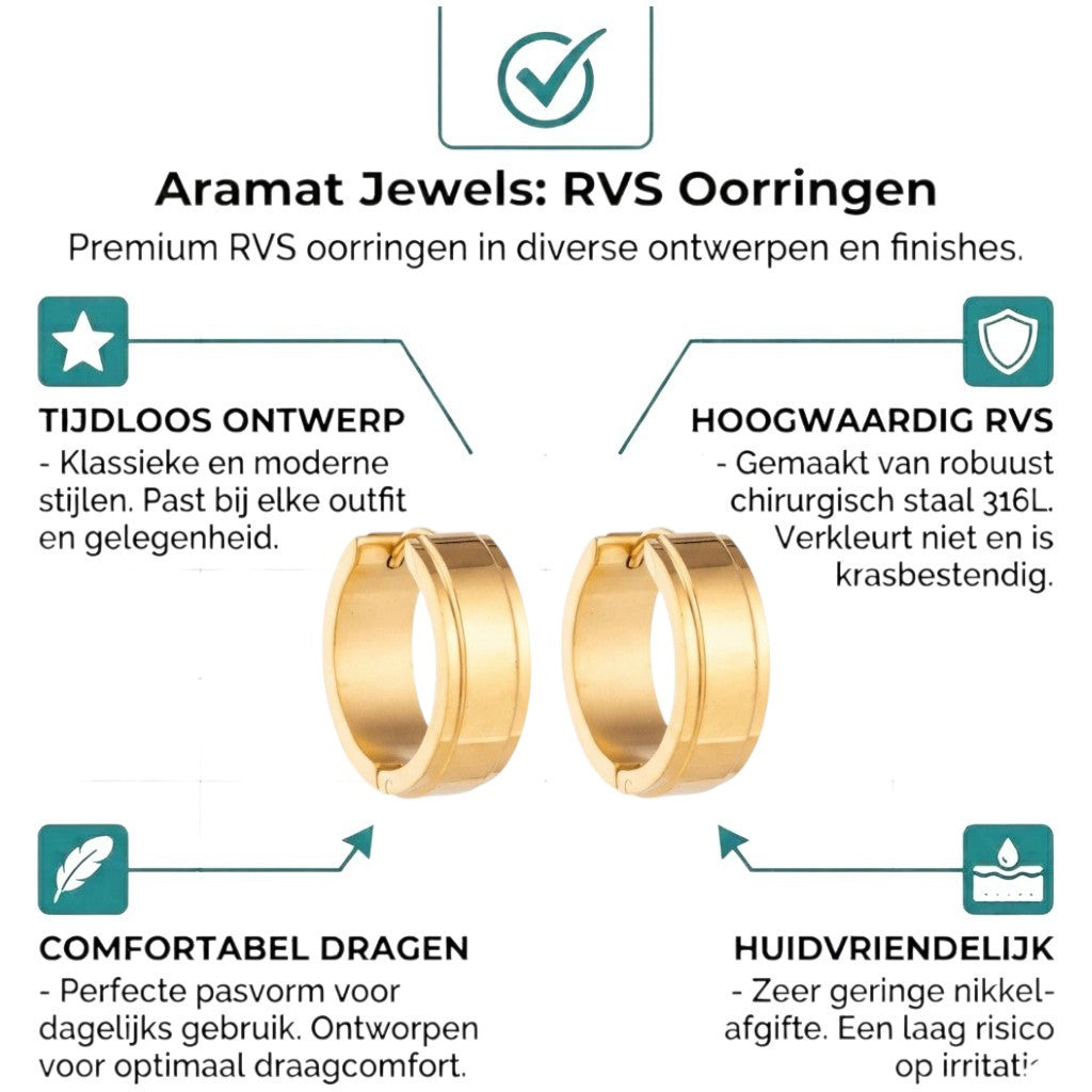 Aramat Jewels gold stainless steel hoop earrings with raised edge detail, available in 13mm or 20mm.