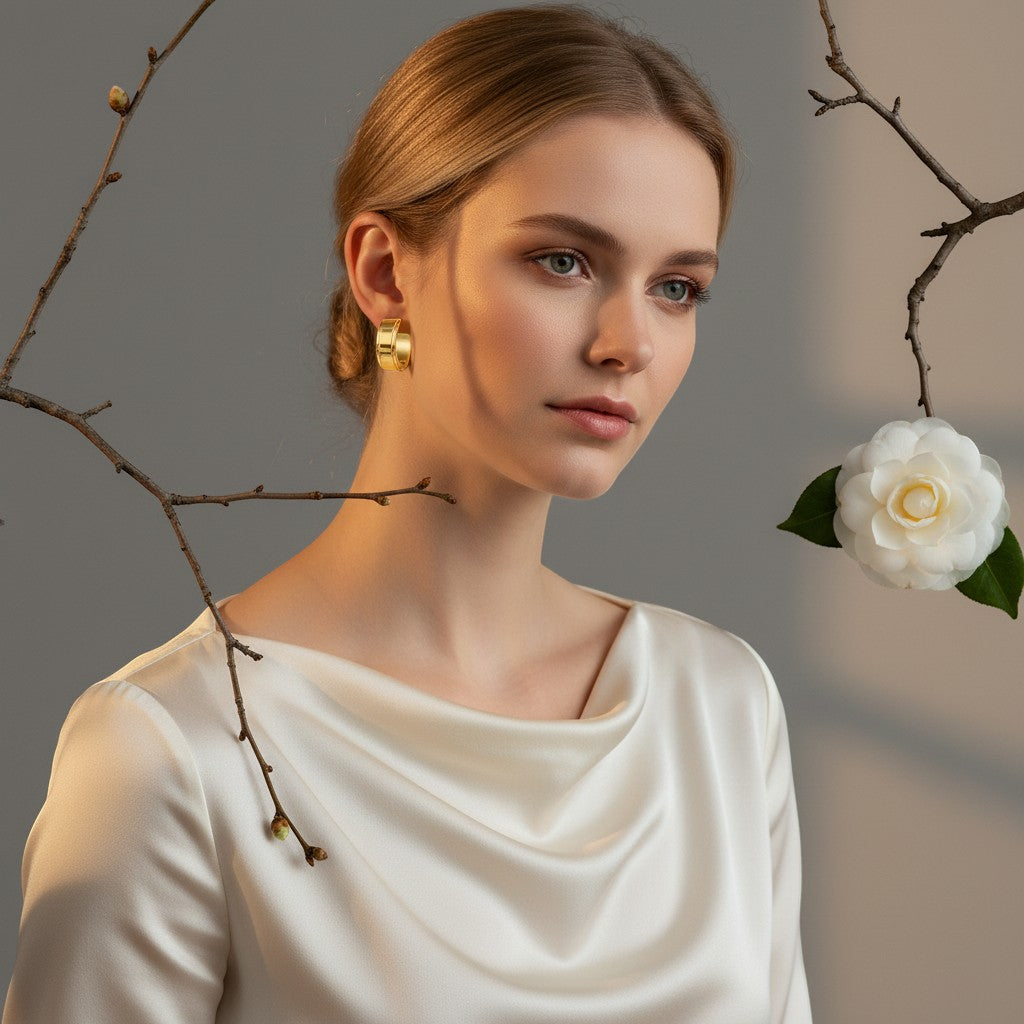 Aramat Jewels gold-tone stainless steel hoop earrings with raised edge, worn by a model with blonde hair pulled back, wearing a cream satin top.