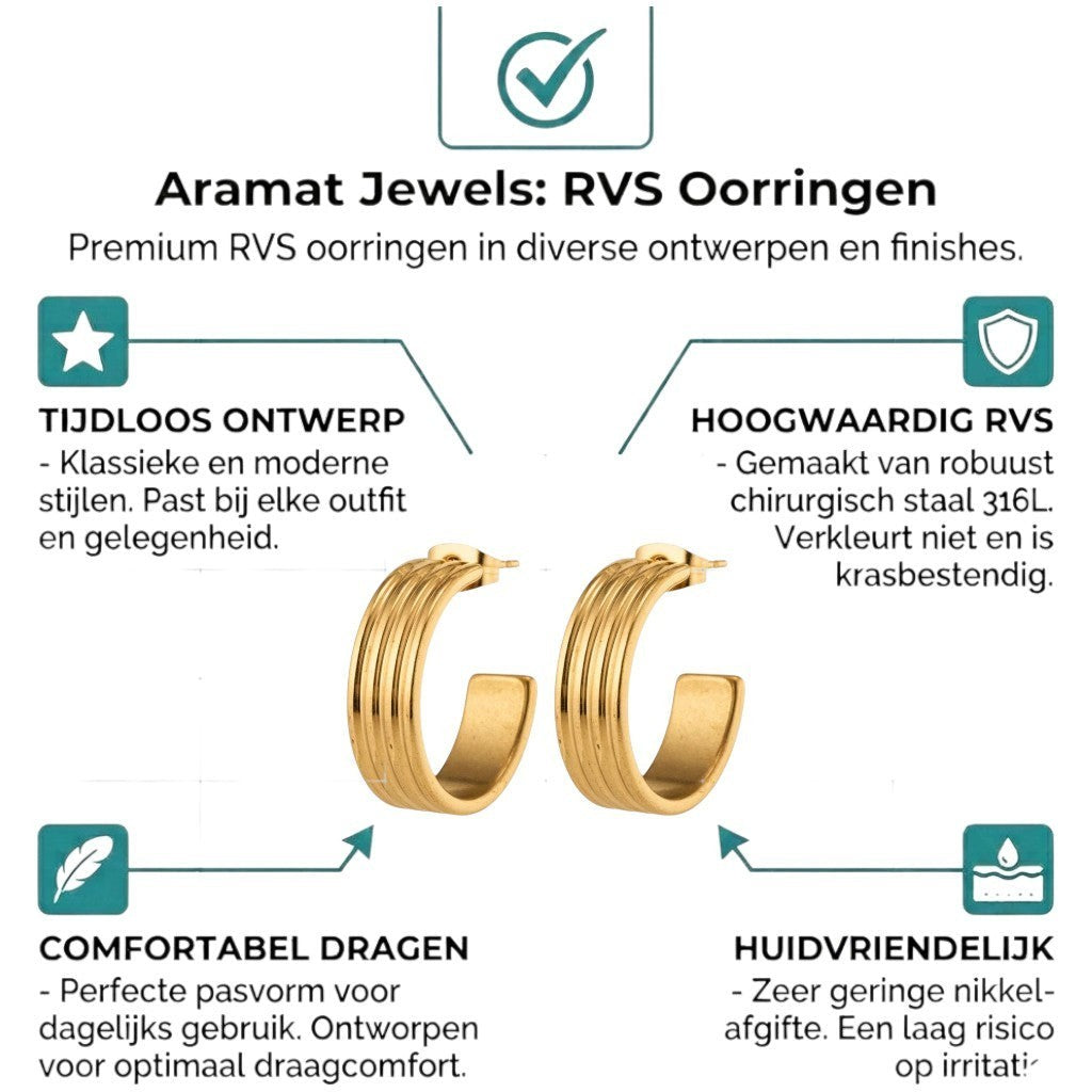 Aramat Jewels gold-tone stainless steel half-hoop earrings with a ribbed stripe relief texture, 23mm diameter.