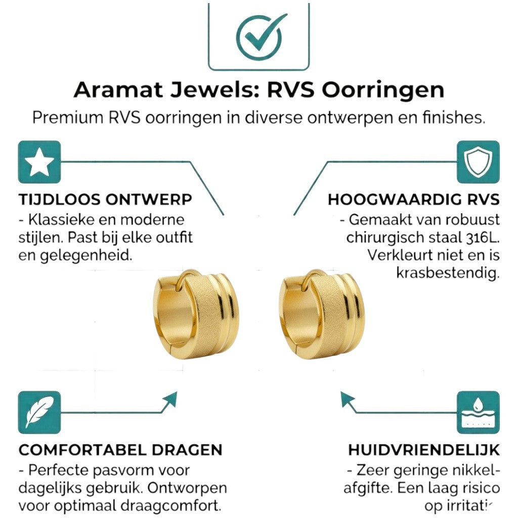 Aramat Jewels gold-tone stainless steel huggie hoop earrings with sandblasted and shiny stripes, 13x7mm.
