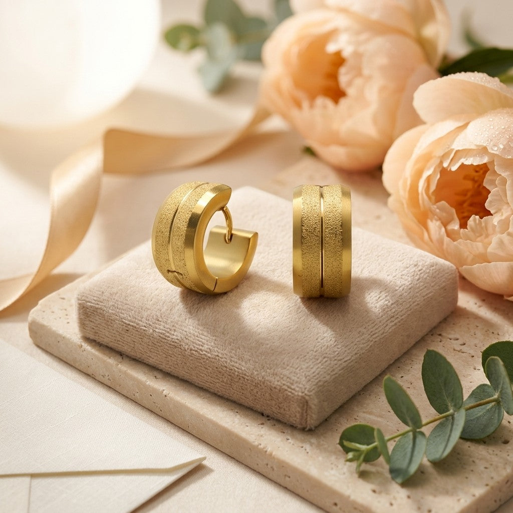 Aramat Jewels gold-tone stainless steel hoop earrings with sandblasted stripes, 13x7mm, for women and men.