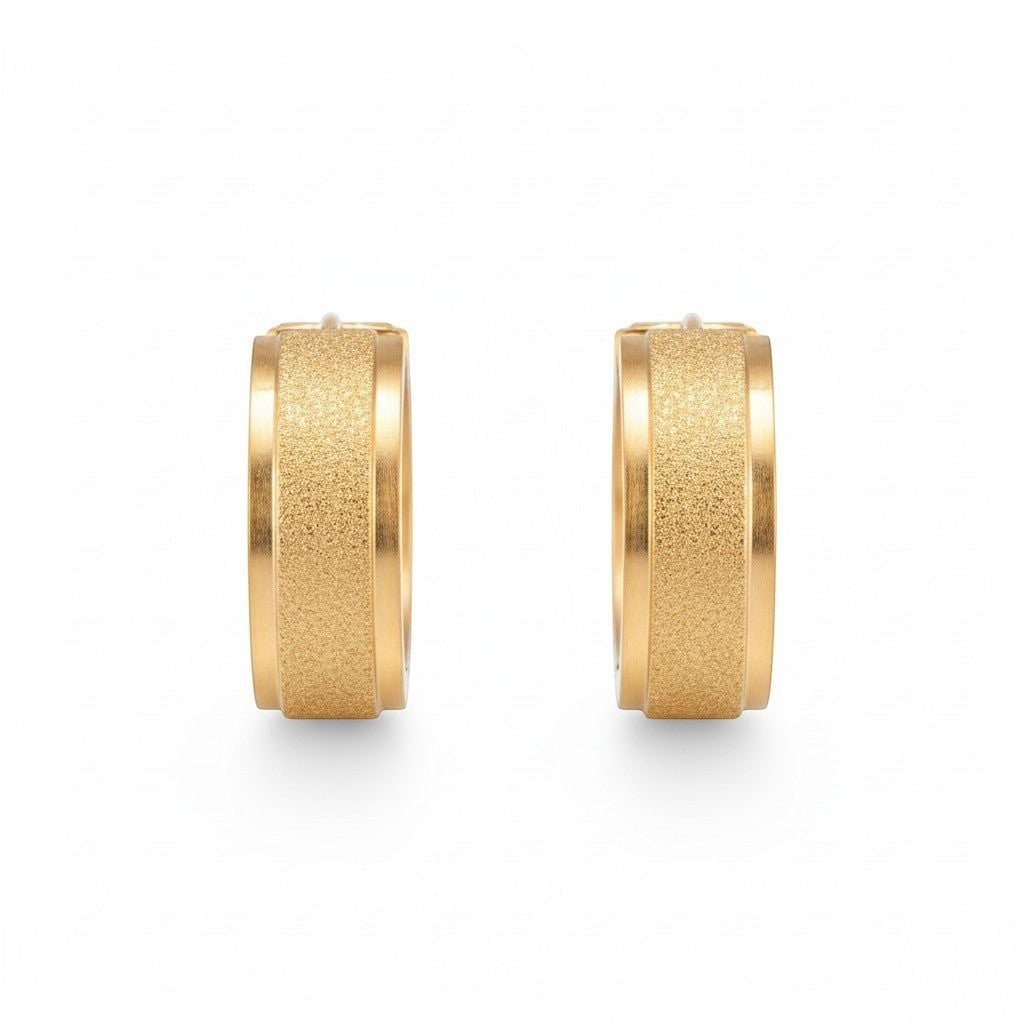 Aramat Jewels gold-tone stainless steel hoop earrings with sandblasted texture, 13mm or 20mm diameter.