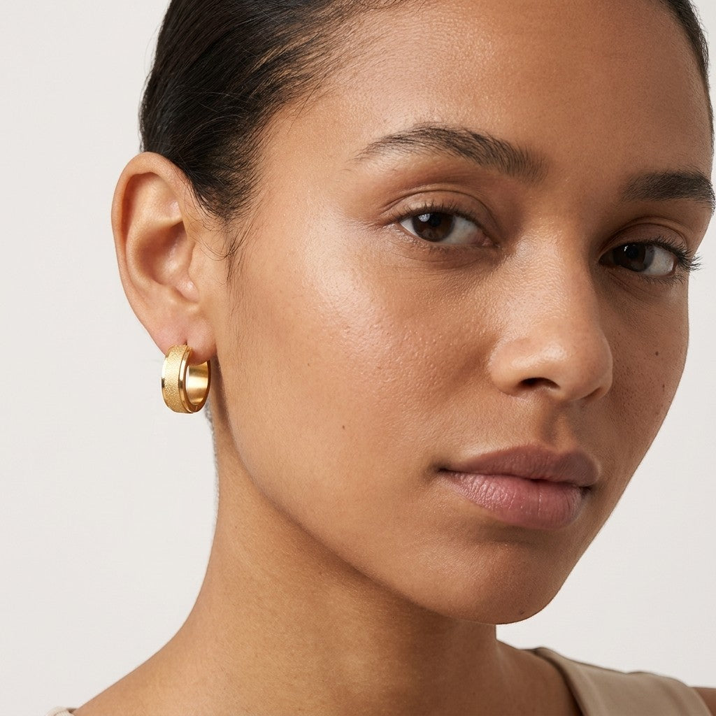 Aramat Jewels gold-tone stainless steel hoop earrings with sandblasted texture, 13mm or 20mm diameter.